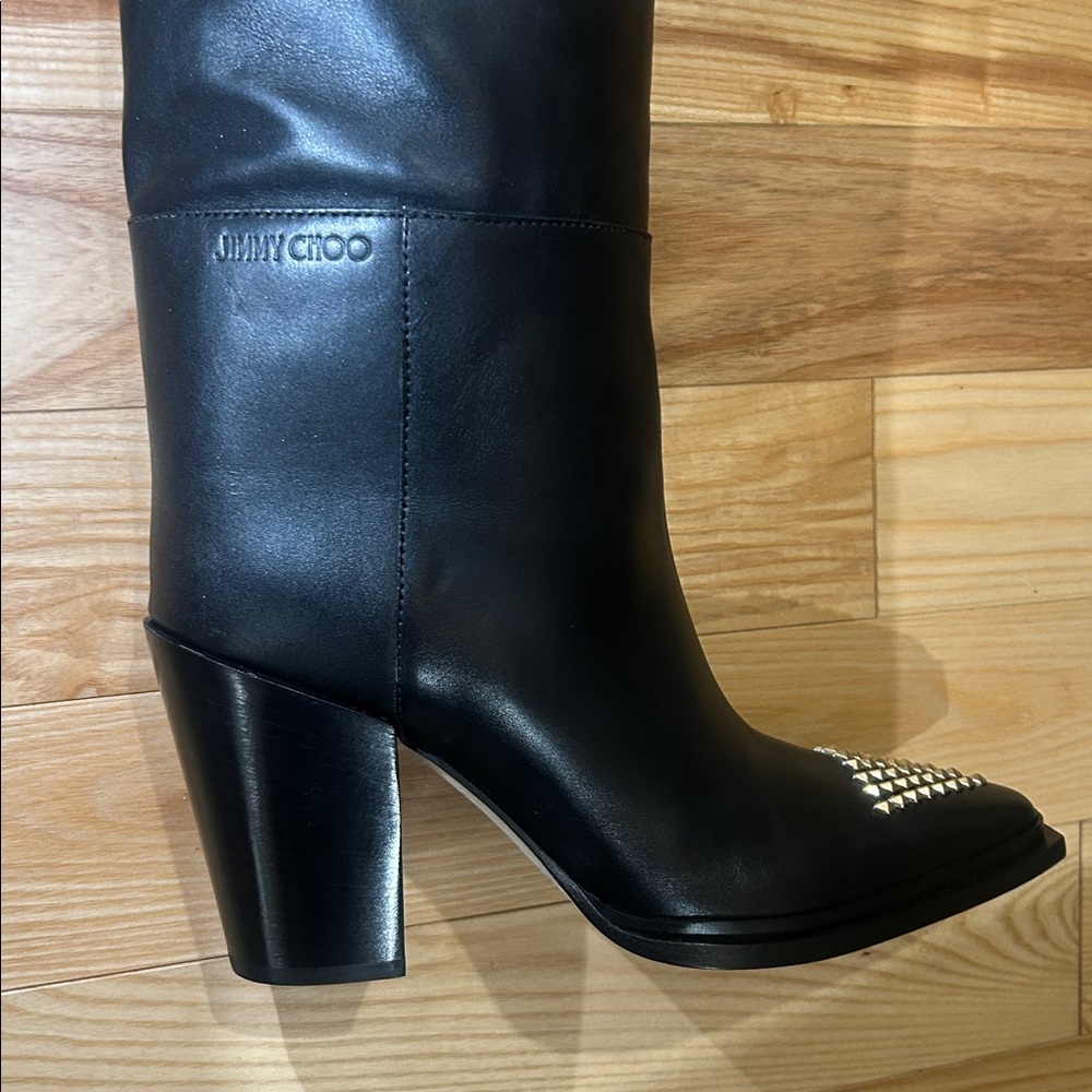Jimmy Choo Black Cece Heeled Boots with Gold Studs